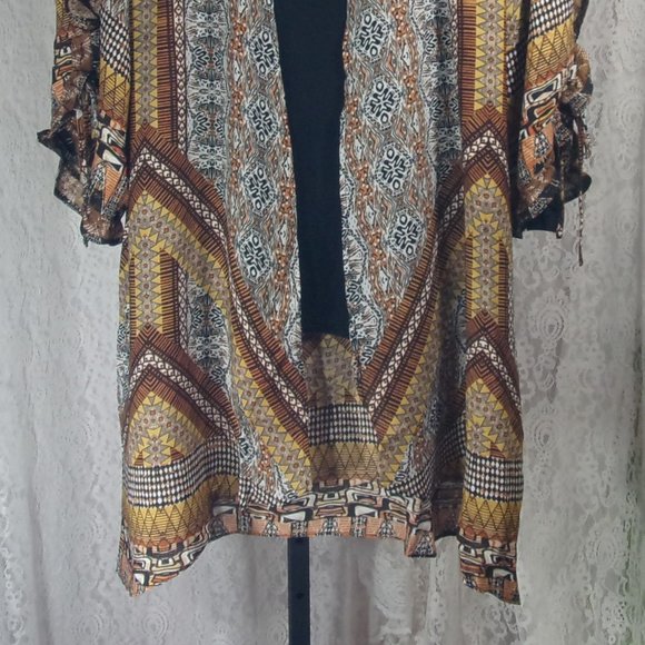 Kimono Jacket Geometric Design Black Gold Brown - Picture 4 of 7
